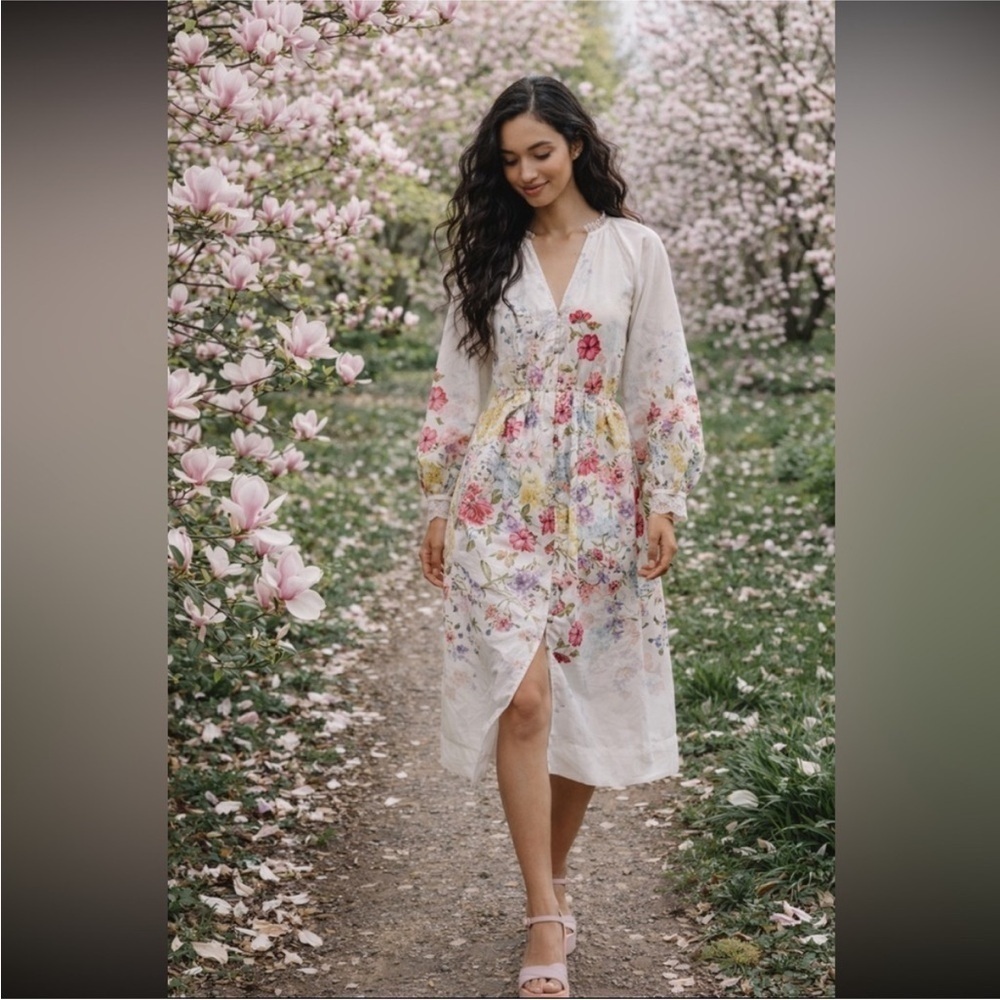 Anthropologie NWT Let Me Be Long-Sleeve V-Neck Floral A-Line Midi Dress size XS.